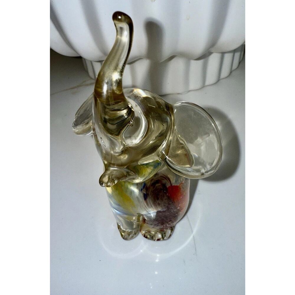 Vintage UOGC Art Glass Elephant Paperweight Trunk Up Orange Blue YSwirl 2.75”